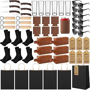 56 Pcs Baby Shower Prizes for Men Winner Baby Shower Game with Shot Glasses PU Leather Toiletry Bag Can Cooler Sunglasses Socks Bottle Opener Folding Knife Gift Bag for Bachelor Party