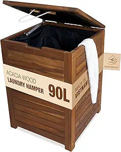 Acacia Wood Laundry Hamper With Lid, Handles And Removable Liner Bag, Tall 90L - Large Wood Laundry Basket - Clothes Hamper For Bedroom Aesthetic, Bathroom, Laundry Room