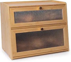 Beautiful Bamboo Bread Box for Kitchen Countertop Double Layer Wooden Breadbox Vitamin Organizer Supplement Bottle Organizer Vitamin Bottle Storage (Natural)