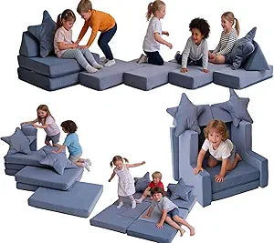Original Modular Kids Play Couch,Premium Soft Foam with Slide for Open Ended Imaginative Play,Washable & Removable Cover,CertiPUR-US (Sky Blue, Square)