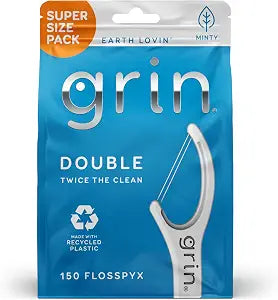 GRIN Double Flosspyx, Floss Picks, 150 ct, Dental Flossers, Minty Flavor, Recycled Plastic, 2 Lines of Strong Floss, Longer Floss Head, Traps Food and Plaque, Includes Safe Soft Fold-Back Tooth Pick