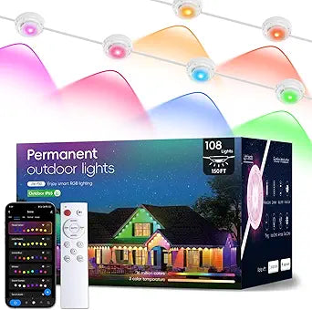 TOHETO Permanent Outdoor Lights Pro, 150ft with 108 RGB LED Lights for Daily and Accent Lighting,IP65 Waterproof Smart Eaves String Lights with App & Remote,Rainbow Light for Halloween,Christmas-150FT