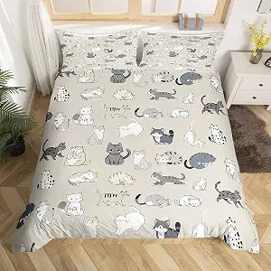 Cute Cats Duvet Cover Queen Size Kawaii Animals Comforter Cover with 2 Pillowcase for Teens Adults Kids Cat Pattern Bedding Set Gray White Beige Breathable 3 Pieces Decorative Bed Cover(No Comforter)