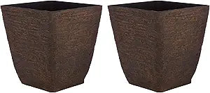 Alpine Corporation Indoor Outdoor Textured Stone Look Squared Planters, Medium, Large - Set of 2