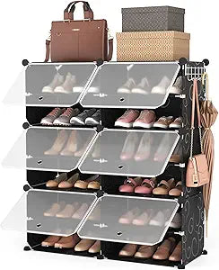 ROJASOP Portable Shoe Rack Organizer 6-Tier Shoe Cabinet 24-Pair Shoe Organizer Shoe Storage Expandable Free Standing Stackable Space Shoe Rack with 2 Exclusive Versatile Hooks for Bedroom Black