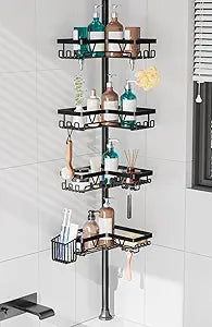 KEGII Shower Caddy Corner Tension Pole with Toothbrush Holder - Adjustable Corner Shower Organizer with Tooth Brush Holder, No Drilling Rustproof Bathroom Shelf Storage Rack, Fits 25-114.2 Inch