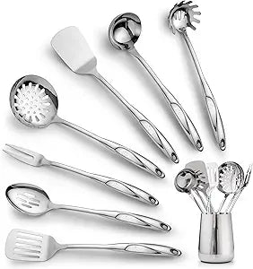 Zulay Kitchen Stainless Steel Cooking Utensil - Stainless Steel Kitchen Utensil - Durable Kitchen Gadgets - Metal Kitchen Accessories - Easy to Clean Kitchen Tools - 8 Piece Set