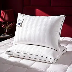 Blue Ridge Home Fashions Luxury Hotel Collection Bed Pillows Queen Size Set of 2, Soft Touch Firm Support 500 Thread Count Damask Stripe Embroidered 100% Cotton Cover, Gusseted Down Alternative