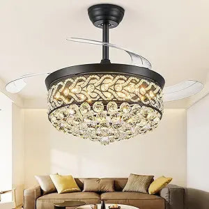 TXCSLY Crystal Fandelier Ceiling Fan with Light, 48" Retractable Ceiling Fans Chandelier Fan with Retractable Blades Dimmable Crystal Ceiling Fan Chandelier Fans for Bedroom Living Room etc-Black