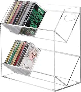 MyGift Clear Acrylic Cassette Tape Holder, 2 Tier Retro Audio Tape Deck Storage Display Case with Cutout Handles