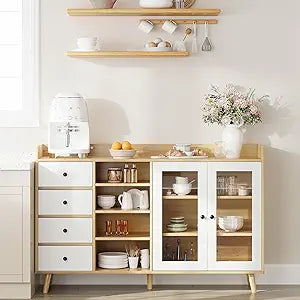 55" Farmhouse Coffee Bar with Storage, Buffet Cabinet Sideboard with Adjustable Shelves, Wood Kitchen Cabinet with Glass Doors & Open Shelves, Sideboard Cabinets for Dining Room - Natural