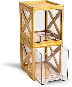 Stackable Bamboo Snack Drawer Organizer (2 Pack)  Pull-Out Storage Bins with Clear Acrylic Drawers  Pantry Storage for Snacks, Coffee Pods, Spices & K-Cups