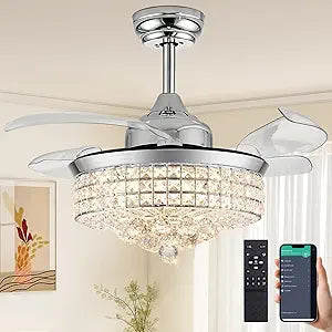 42" Crystal Fandelier Ceiling Fan with Lights, Retractable Invisible Modern Chandelier Ceiling Fan with Remote Control for Bedroom Living Room Chrome Fandeliers 6 Speed 3 Colors