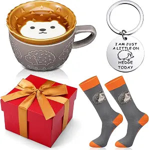 Didaey 3 Pcs Hedgehog Gifts Sets Hedgehog Themed Items Include 1 Ceramic Ball Coffee Tea Mug with Handle 1 Pair Crew Socks 1 Cute Keychain for Women