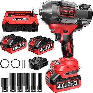 Cordless Impact Wrench 1/2" 21V High Torque Brushless Power Impact Gun 1107Ft-lbs (1500Nm) with 2x4.0Ah Batteries & 6 Sockets & Fast Charger & Case for Car & Truck & RV & Heavy Duty Use