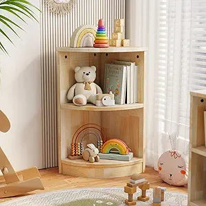 Rubber Wood Corner Cabinet, 2-Tier Kids Montessori Shelf, Toy Storage Organizer and Book Shelf for Playroom, Nursery, Kids Room, Kindergarten