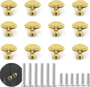 12PCS Cabinet Knobs, Cabinet Pulls Inway Round Drawer Knobs Cabinet Hardware with Screws, for Kitchen Bedroom Furniture, Mirror Polish Gold