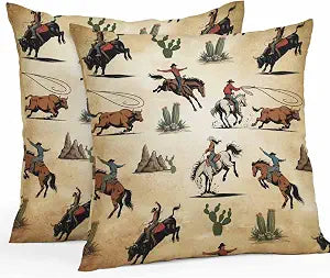 Western Cowboys Outdoor Pillow Covers Waterproof, All Weather Cushion Case Set of 2, Brown Vintage Country Cactus Decorative Pillowcases for Sofa Couch Bed Decor Patio Furniture 18"x18"