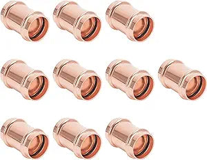 Copper Press Fittings 1/2 inch Coupling No Stop Zero Lead P x P Plumbing Fittings for Residential Commercial 10-Pack Use with Hydraulic Press Fitting Tool (Coupling No Stop 1/2", 10 PCs)
