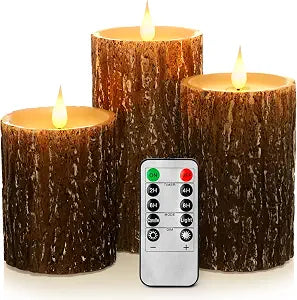 Enpornk Flameless Candles Battery Operated Pillar Pine Effect Real Wax Flickering 3D Wick Electric LED Decorative Candle Sets with Remote Control Cycling 24 Hours Timer, 4" 5" 6" Pack of 3