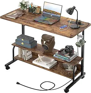 Besiost 39" Height Adjustable Standing Desk with Power Outlets - Manual Rolling Stand Up Desk with Wheels Small Portable Computer Desk Mobile Laptop Table with Storage Shelves for Home Office, Rustic