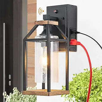 Dusk to Dawn Photocell Sensor Outdoor Porch Light with GFCI Outlet,Anti-Rust Waterproof Industrial Outdoor Lantern, Brown Exterior Work Lights Rustic Wall Light