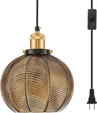 Modern Plug in Hanging Light, 7.8 Inch Glass Pendant Light with 14.76 FT Adjustable Plug in Cord, Vintage Amber Hanging Lamp for Dining Room Bedroom Kitchen Island Bathroom E26
