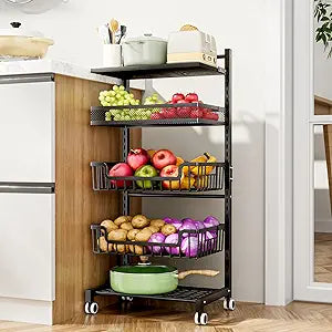 HapiRm Fruit Basket Kitchen Cart - 5 Tier Adjustable Vegetable Storage Rack, Large Capacity Rolling Kitchen Carts on Wheels for Snack Onion and Potato Storage