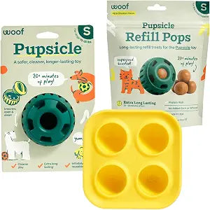 WOOF Starter Pack - Interactive Dog Ball Toy for Boredom - Dog Treat Molds Silicone - Chicken-Flavored Healthy Treats for Dogs - Pupsicle Doggy Enrichment Toy - for Small Pups - 10-25 lbs