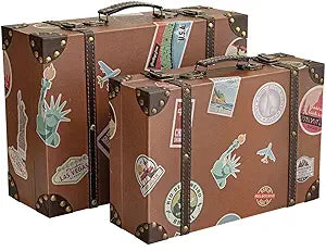 Vintage Brown Suitcase Decor Boxes, Set of 2  Wooden Decorative Suitcase Box with Retro Leather Finish, Travel-Themed Keepsake Storage Chest for Home, Wedding, or Party Decoration