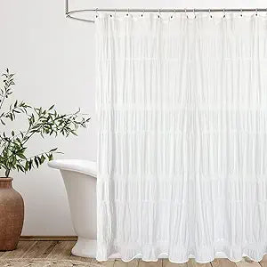 Seasonwood Extra Long White Shower Curtain 84inch Long Farmhouse Shower Curtain Rustic Striped Cotton Blend Fabric Shower Curtains