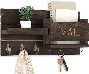 Lwenki Mail Organizer for Wall Mount  Key Holder with Shelf Includes Letter Holder and Hooks for Hallway Farmhouse Decor  Rustic Wood with Flush Mounting Hardware (16.5 x 9.1 x 3.4) (Brown)