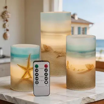 Beach Coastal Ocean Decor Seashell & Starfish Battery Flameless LED Candles