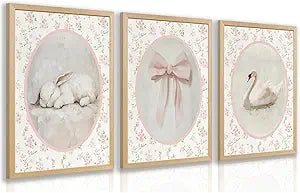 CAZLOUC Pink Nursery Wall Art Set of 3, Pink Bow Baby Girl Wall Decor, Cute Animal Rabbit Swan Poster Prints, Vintage Floral Canvas Artwork for Kids Room Bathroom Bedroom Wood Framed 12x16 Inch