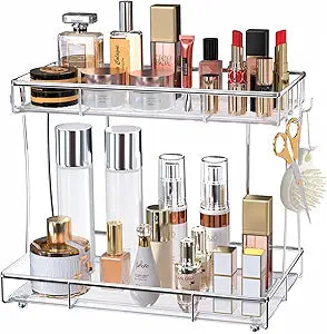 Bathroom Organizer Countertop Perfume Organizer Makeup Organizer Cosmetics Storage Display Rack Vanity Tray Dresser Steel Chrome Shelf Transparency Wavy Acrylic Tray (2 Tier Chrome)
