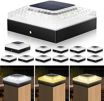 4x4 Solar Post Cap Lights 12 Pack, 3 Color Modes & 2 Brightness, IP67 Waterproof Fence/Deck Lights with Auto On/Off, 12-20H Runtime, No Wiring Needed for Outdoor Garden Yard