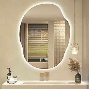 Irregular Backlit LED Bathroom Mirror for Wall 28"x36", Asymmetrical LED Lighted Vanity Mirror, 3 Colors and Stepless Dimmable, Shatterproof, Defogger, Memory (Vertical or Horizontal)