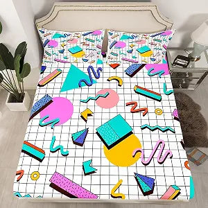 Manfei Memphis Fitted Sheet Full Size, Retro 80s or 90s Geometric Fashion Style Bed Cover with 2 Pillowcases, Vintage Hip Hop Bedding Set 3pcs for Kids Girls, Soft Polyester Bedding