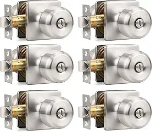 6 Pack Brushed Nickel Door Knobs Interior, Privacy Door Knob Interior Door Knobs, Satin Nickel Privacy Door Knobs for Bedroom Bathroom, Keyless Interior Doorknobs, Square Indoor Door Knobs