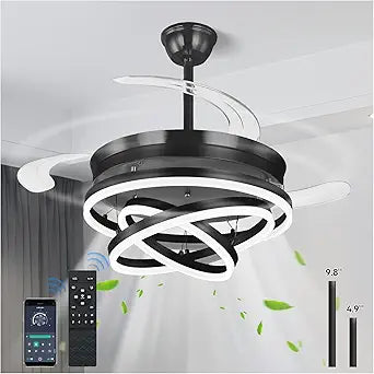 Retractable Ceiling Fans with Lights, 42" Fandelier Ceiling Fan with Light and Remote, Reversible, 3 CCT, Dimmable, Modern Chandelier Ceiling Fan for Bedroom, Living Room, Dining Room (Black)