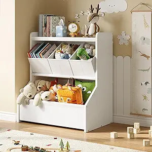 FOUCSSOMEI Toy Storage Organizer for Kids, Kids Bookshelf and Toy Organizer with Storage Bins, MDF Wooden Toy Storage Cabinet for Playroom, Bedroom, Nursery, White Patent Design