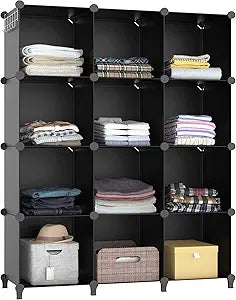Closet Organizers and Storage, 12 Cube Storage Organizer, Portable Closet Organization Clothes Shelves for Kids, Closet, Bedroom, Bathroom, Office, Black