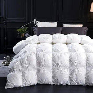 Three Geese King Size Pinch Pleat Duck Feather Down Fiber Comforter - All-Season Down Duvet Insert Fluffy Baffle Box Design with 8 Corner Loops for Warmth and Softness.