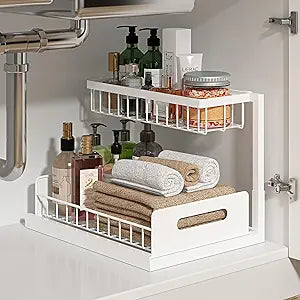 REALINN Under Sink Organizer, L-Shaped 2 Tier Pull Out Cabinet Organizer