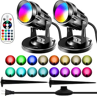 RGBW Spot Lights Indoor, 6W Uplighting 16 Color Changing Uplights Indoor with Remote Control, Plant Spotlight Party Decorative with Base and Stake,2 Pack