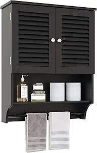 ChooChoo Bathroom Wall Cabinet with Towels Bar, 23.6" L x 8.8" W x 29.5" H MDF Material Medicine Cabinet, 2 Doors Over The Toilet Space Saver Storage Cabinet with Large Space, Black