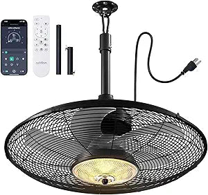 addlon Outdoor Ceiling Fan with Light for Patios, 20" IP65 Waterproof Gazebo Fan Remote&APP Control, 6 Speeds, 3CCT Dimmable, Plug in Ceiling Fan with Hook Hanging Caged Fan for Pergola Porch Canopy