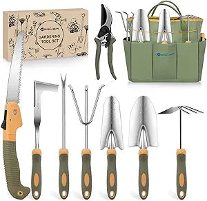 Yesker Gardening Tools 9-Piece Heavy Duty Garden Tool Set Gardening Supplies Gifts for Women Men Gardening Hand Tool Kit w Non-Slip Ergonomic Rubber Handle, Durable Garden Bag, Pruning Shears, Green