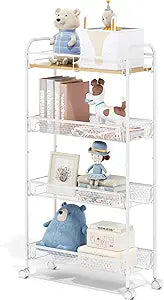 TOOLF 4-Tier Slim Rolling Cart, Metal Utility Cart, Slide Out Storage Cart with Wooden Tabletop and Mesh Baskets for Narrow Space on Kitchen Bathroom Laundry Room Bedroom Apartments Dormitory
