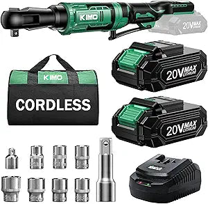 KIMO 20V Cordless Ratchet Wrench 1/2", 74Ft-lbs 400RPM Electric Ratchet Wrench Set with Variable Speed, 2x2.0Ah Battery Power Ratchet Wrenches, 7 Sockets, 3/8" Adapter, 3" Extension Bar, Fast Charger